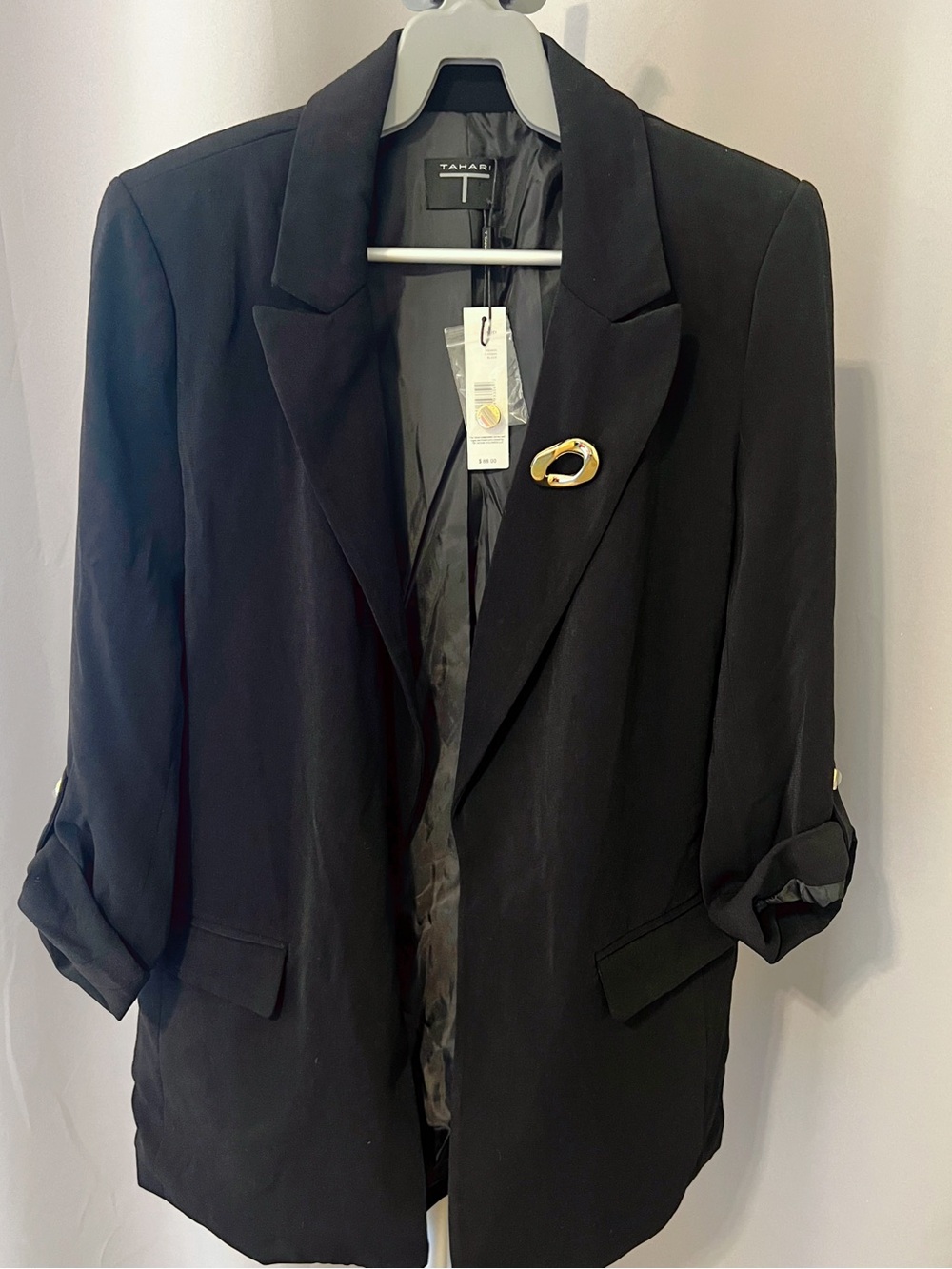 Tahari Black Roll Sleeve Blazer Gold Button Detail Size S